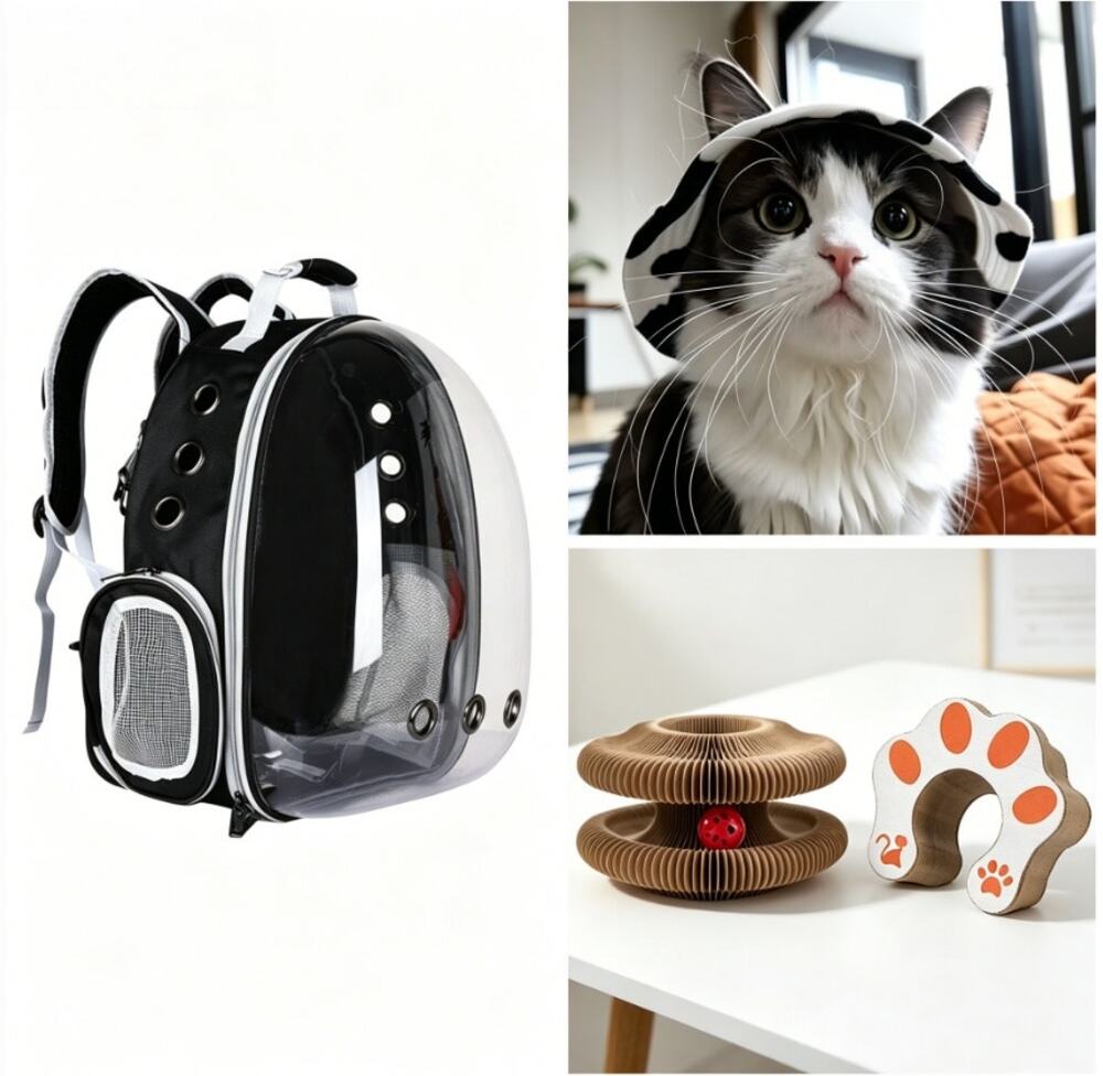 3-in-1 Kitten Kit: Space Capsule Backpack, Pet Hat & Accordion Scratcher